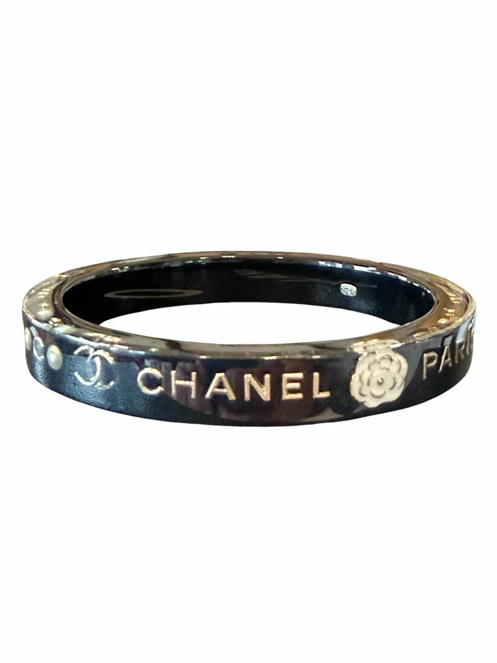 CHANEL Black and Silver Resin Logo Bangle